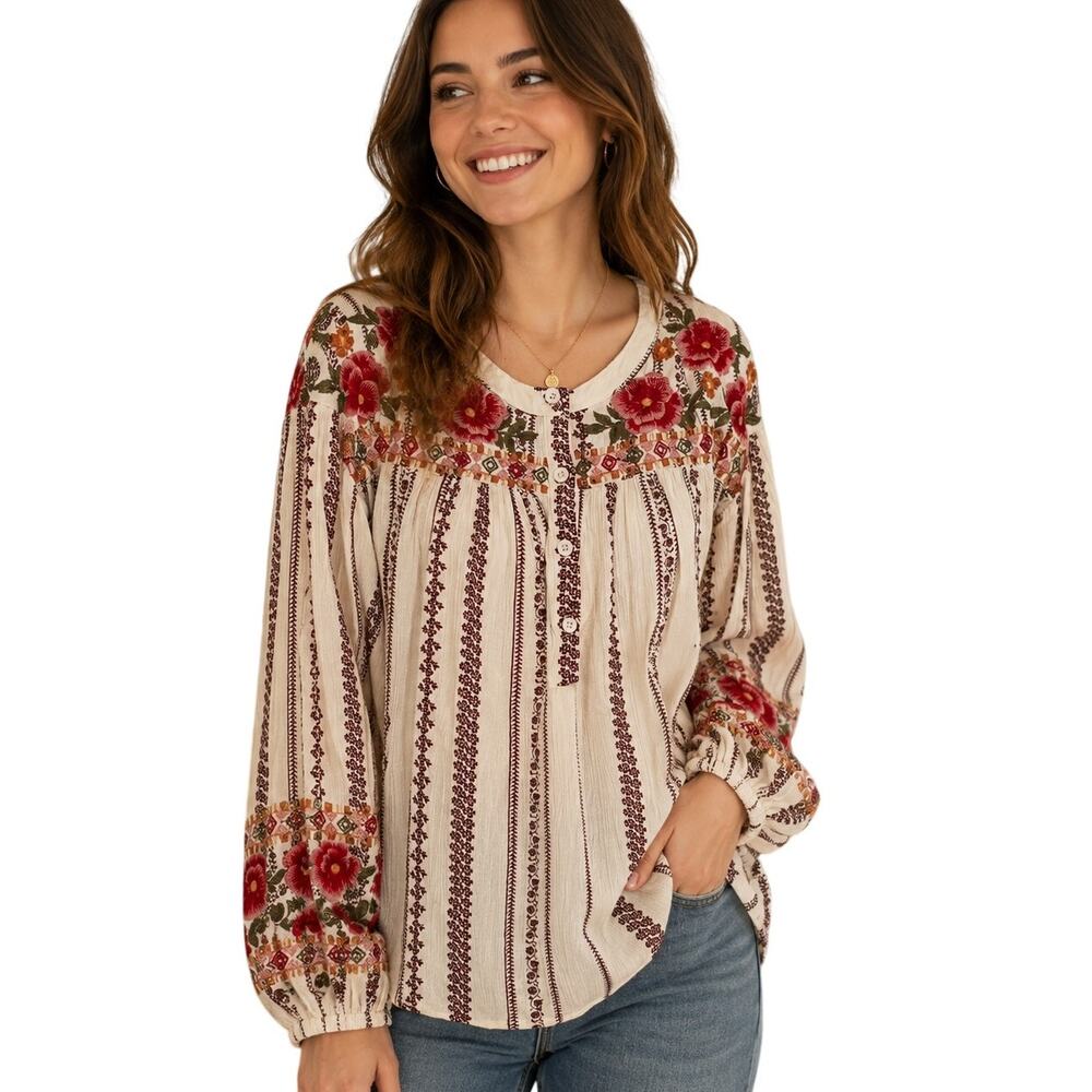 Savanna Jane Embroidered Peasant Top Womens Small Cream & Brown Floral Gauze
